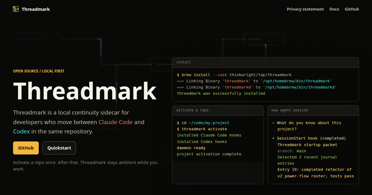 Threadmark - Continuity sidecar for Claude Code and Codex